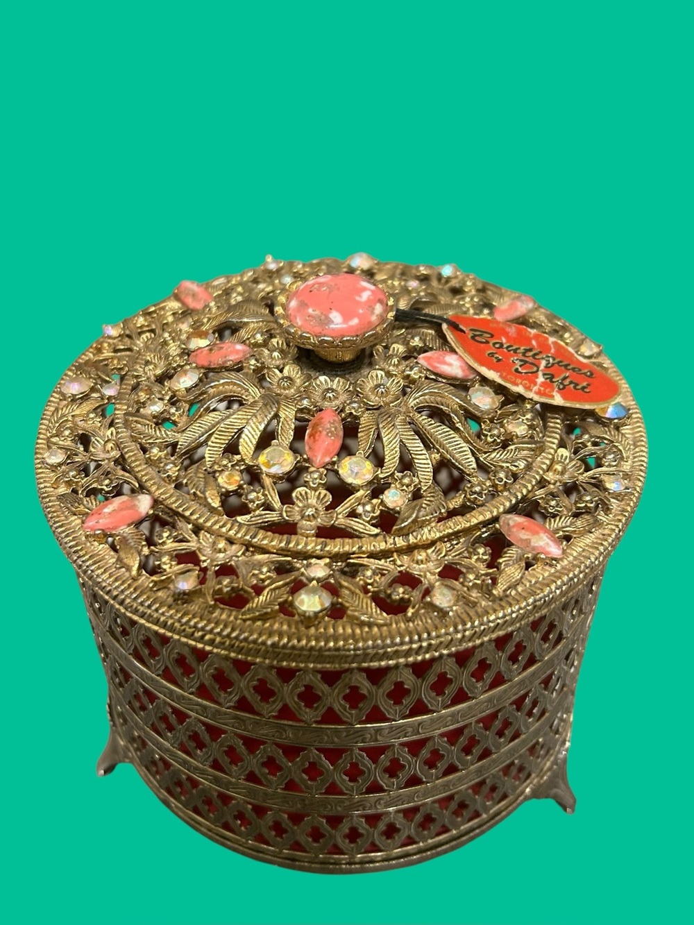 Vintage Dafri Hollywood Regency Filigree Trinket Box Pink Jewels